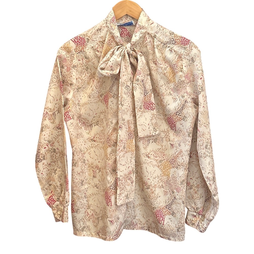 Vintage 70s Lady Holiday Bow Blouse Floral Secretary Romantic Animal Print Boho